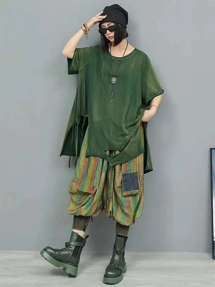 Women Orange Red Holes Big Size Casual Long T-shirt New Round Neck Half Sleeve Fashion Tide Spring Autumn 2025 1DJ0279