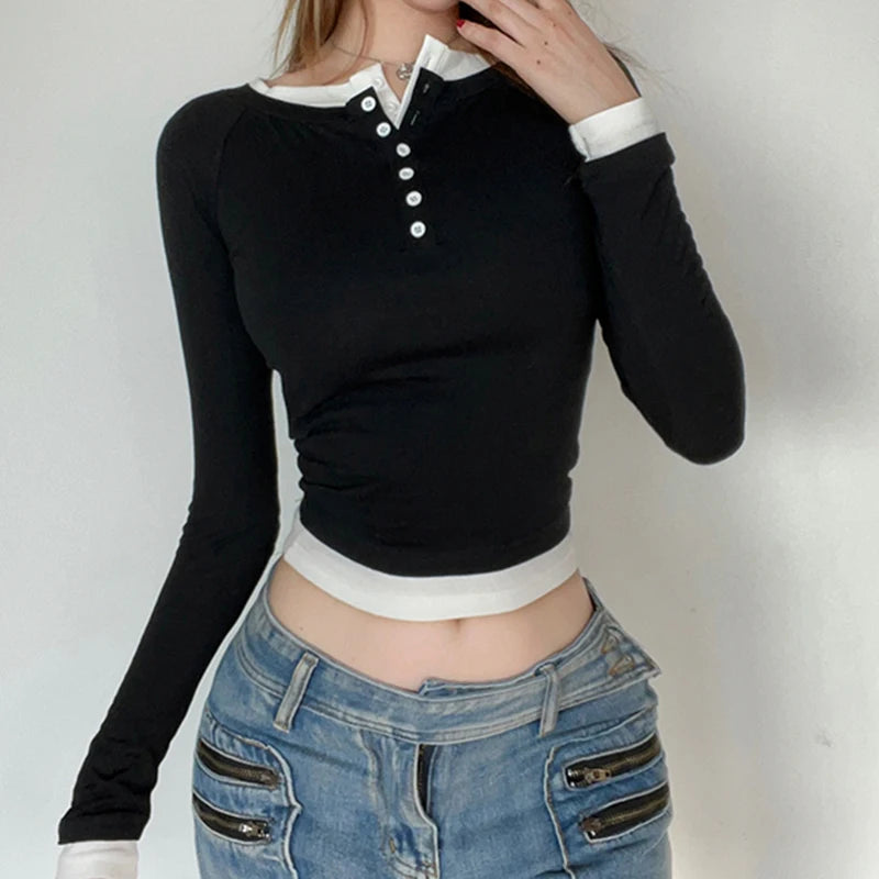 Casual Fitness Patched Female T-shirts Buttons Basic Long Sleeve Crop Top Korean Clothes Autumn Tee All-Match Shirts