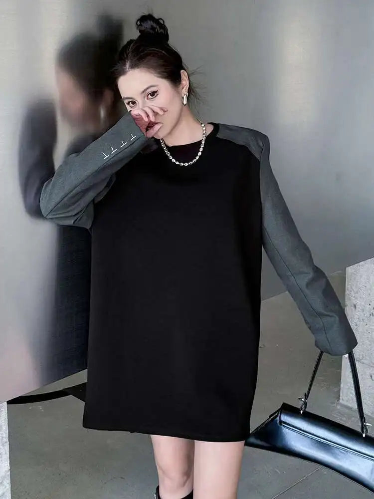 Women Black Color-block Blazer Fabric Elegant Mini Dress New Round Neck Long Sleeve Fashion Spring Autumn 2025 1DH9822