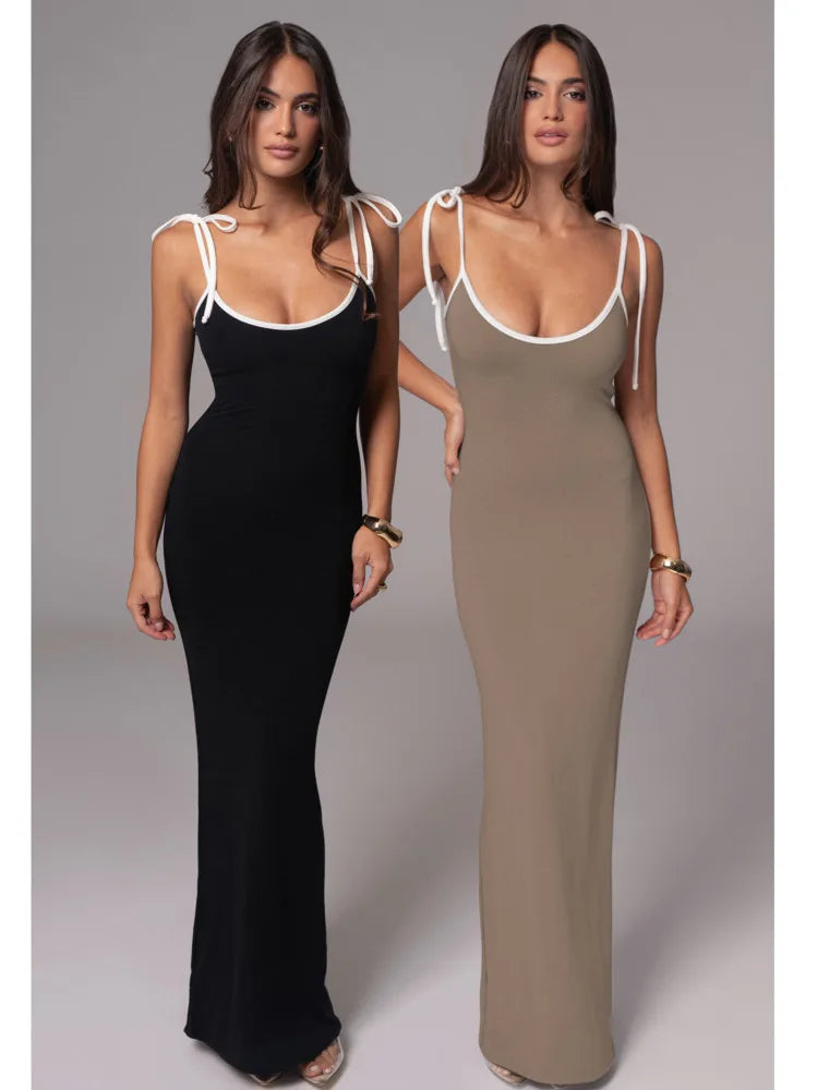 Elegant Spaghetti Strap High Elastic Tight Long Dress Women Sexy V-neck Backless Bodycon Autumn 2024 Party Evening Dress