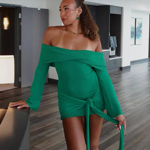 Load image into Gallery viewer, Off-shoulder Knit Mini Dress For Women Autumn Winter New Strapless Backless Long Sleeve Ruched Draped Knitted Dress
