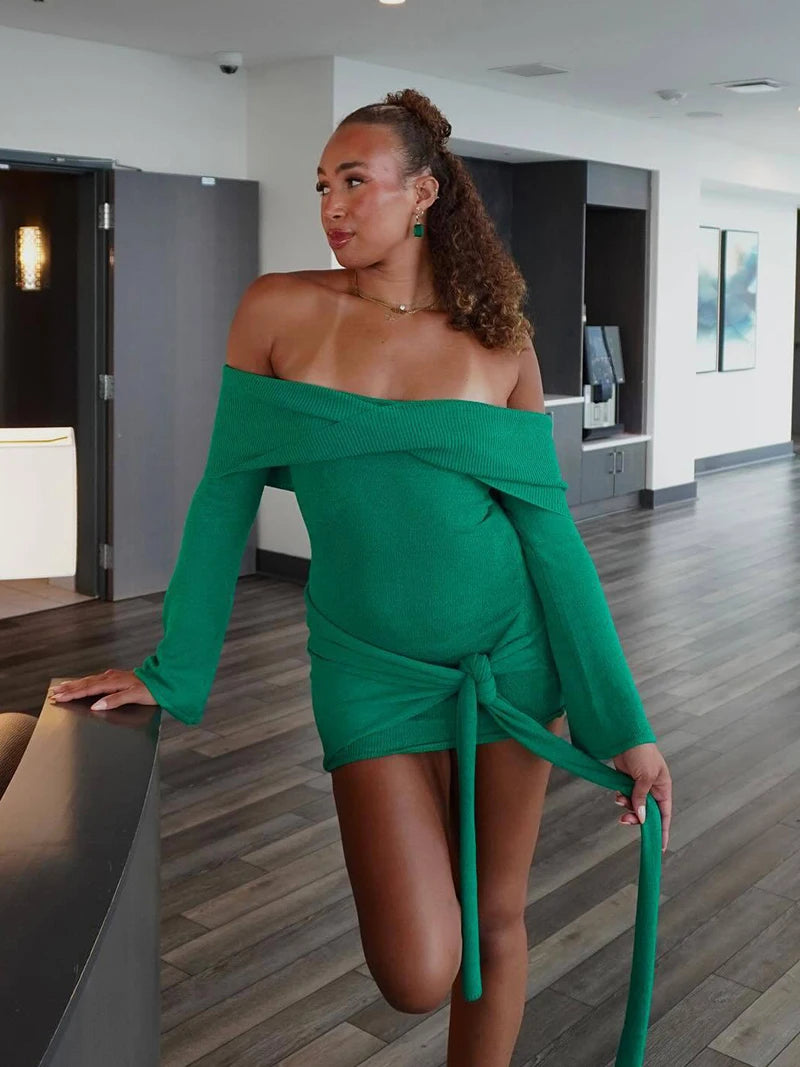 Off-shoulder Knit Mini Dress For Women Autumn Winter New Strapless Backless Long Sleeve Ruched Draped Knitted Dress