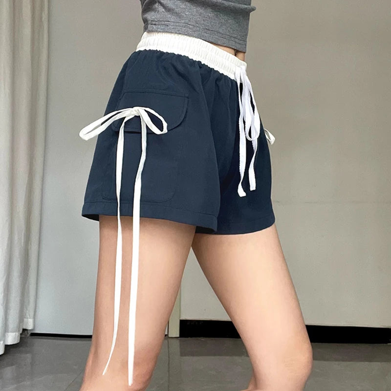 Casual Patchwork Cargo Style Basic Summer Shorts Women Pockets Lace-Up Elastic Waist Short Pants Contrast Color 2024