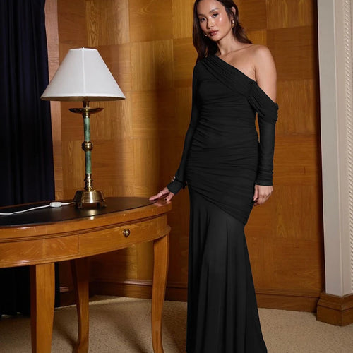 Load image into Gallery viewer, Oblique Shoulder Long Sleeve Sexy Maxi Dress For Women Fashion Mesh Backless Bodycon Ruched Club Evening Long Dress
