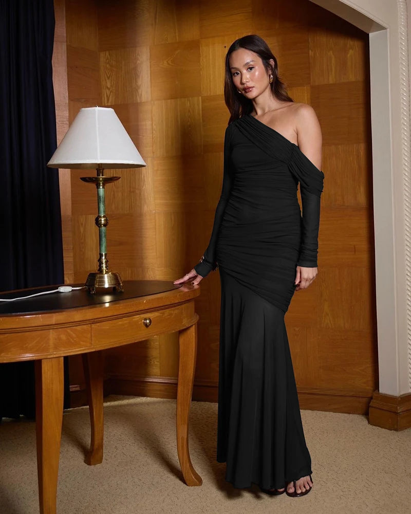 Oblique Shoulder Long Sleeve Sexy Maxi Dress For Women Fashion Mesh Backless Bodycon Ruched Club Evening Long Dress