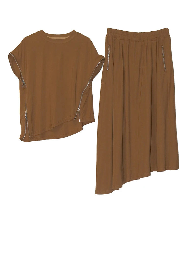 Black Zipper T-shirt Half-body Skirt Two Pieces Suit New Round Neck Sleeveless Women Fashion Spring Summer 2025  1DJ1016