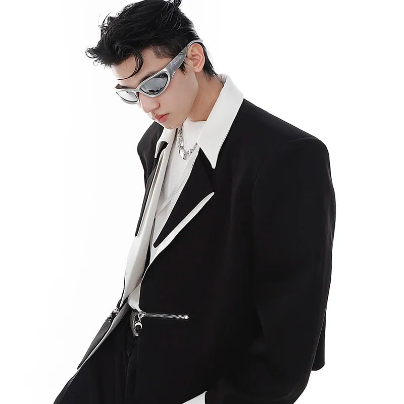 Short Men's Blazers Contrast Color Lapel Shoulder Pad Suit Jacket 2024 New Metal Zipper Niche Design Streetwear 9A6807