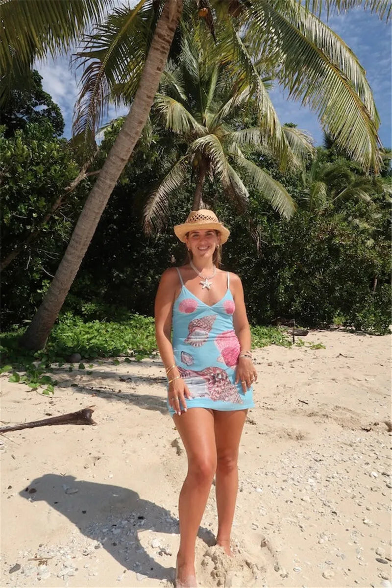 Spaghetti Strap Floral Print Mini Dress For Women Robe Summer New V Neck Sleeveless Backless Print Beach Holiday Dress