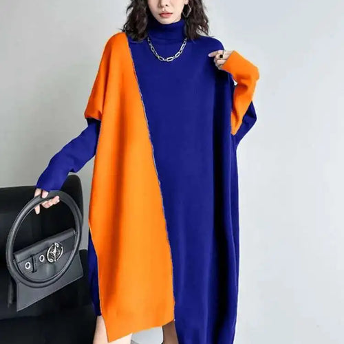 Load image into Gallery viewer, Women Gray Color-block Big Size Irregular Knitting Dress New Turtleneck Long Sleeve Fashion Spring Autumn 2025 1DH6561
