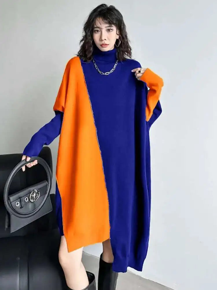 Women Gray Color-block Big Size Irregular Knitting Dress New Turtleneck Long Sleeve Fashion Spring Autumn 2025 1DH6561