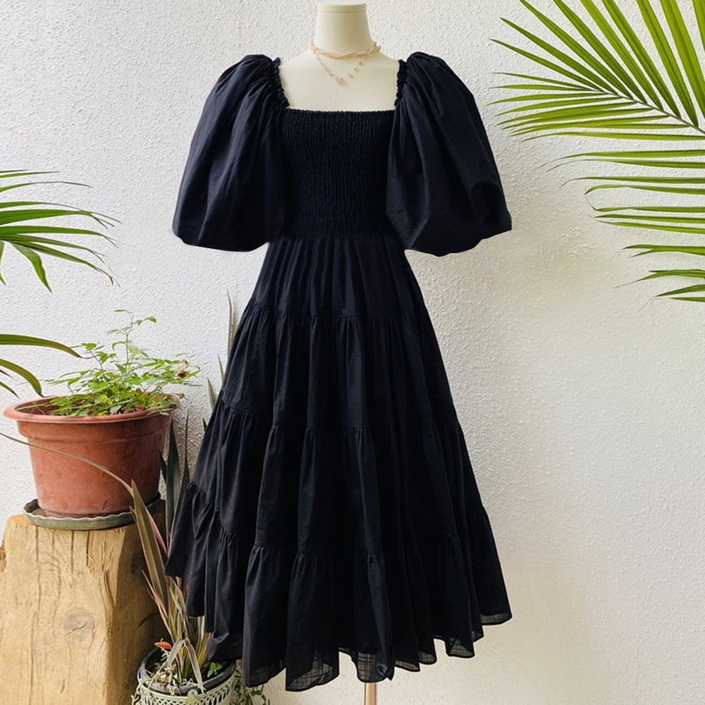 Pullover Sweet Dress For Women Sqaure Collar Puff Sleeve High Waist Solid Loose Midi Dresses Female Clothing