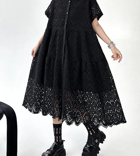 Women Black Lace Hollow Out Big Size Midi Shirt Dress New Lapel Short Sleeve Fashion Tide Spring Summer 2025 1DJ1166