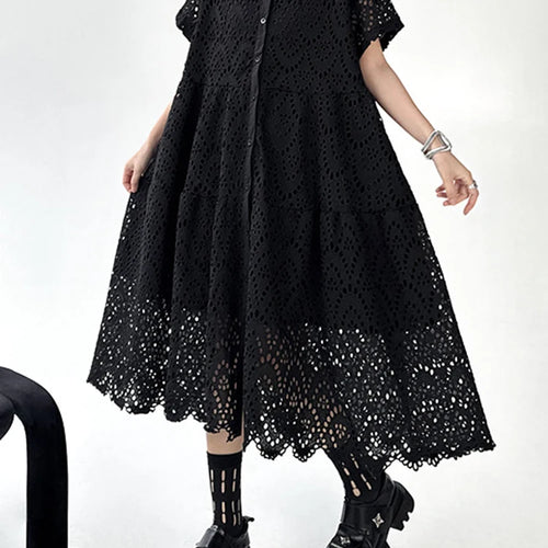 Load image into Gallery viewer, Women Black Lace Hollow Out Big Size Midi Shirt Dress New Lapel Short Sleeve Fashion Tide Spring Summer 2025 1DJ1166
