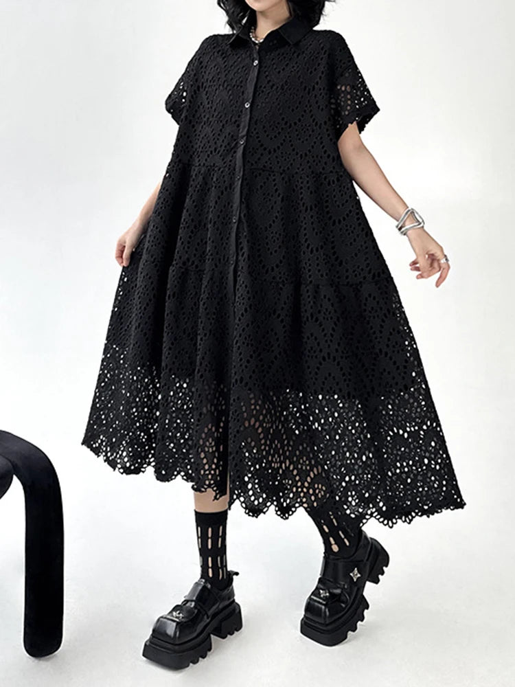 Women Black Lace Hollow Out Big Size Midi Shirt Dress New Lapel Short Sleeve Fashion Tide Spring Summer 2025 1DJ1166