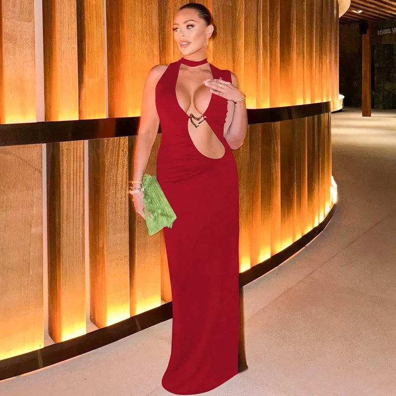Hollow Out Halter Sexy Maxi Dress Women Summer New Metal Decoration Sleeveless Slim High Waist Long Dress Elegant