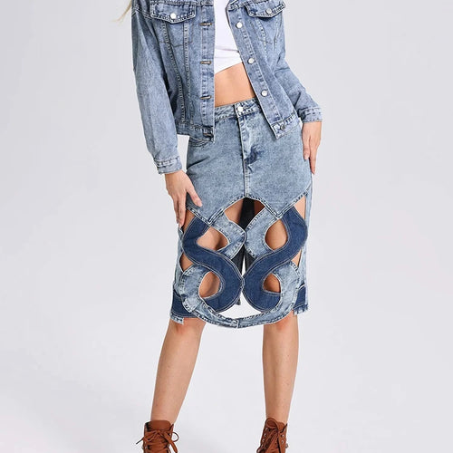 Load image into Gallery viewer, Colorblock Casual Denim Skirts For Women High Waist Spliced Button Hollow Out Streetwear A Line Skirt Female Fashion Style
