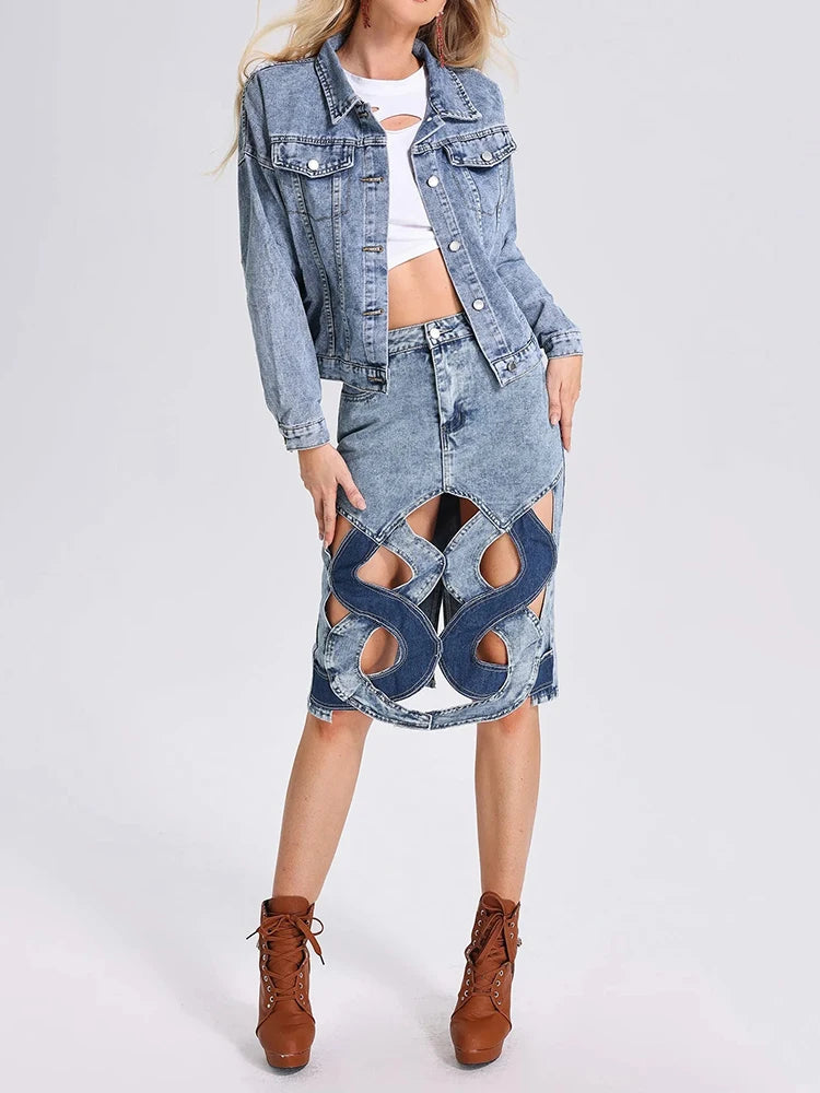Colorblock Casual Denim Skirts For Women High Waist Spliced Button Hollow Out Streetwear A Line Skirt Female Fashion Style