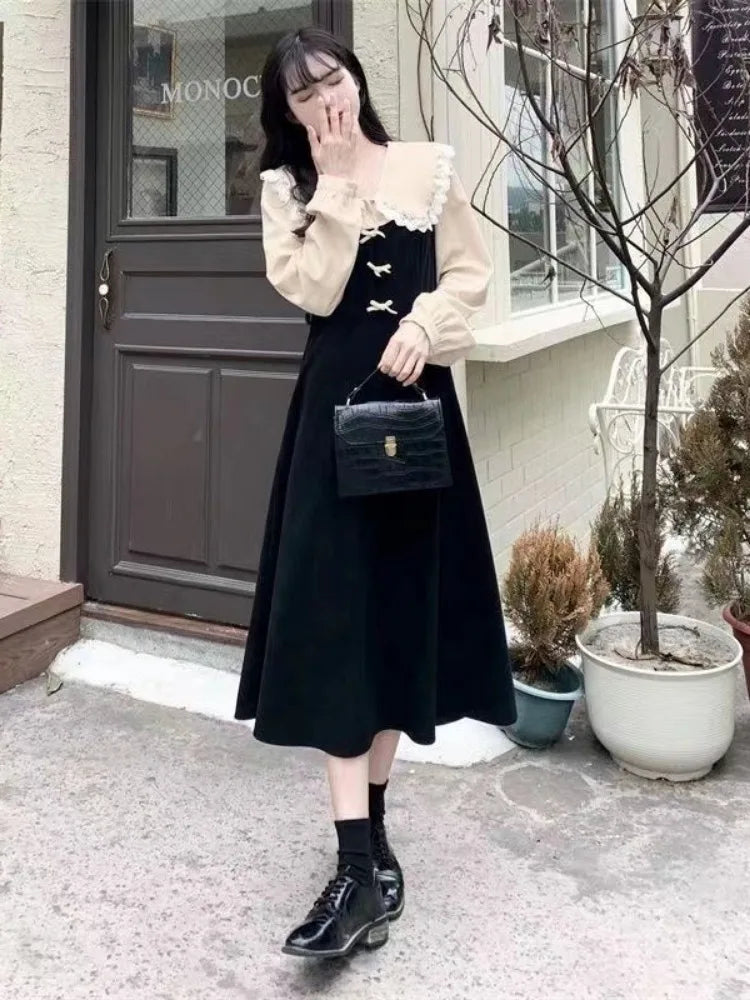 School Kawaii Black Midi Dress Women Japanese Sweet Vintage Elegant Peter Pan Collar Long Sleeve Cute Dresses Autumn