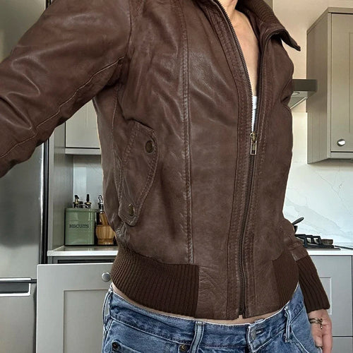 Load image into Gallery viewer, Streetwear Zip Up PU Leather Jacket For Women Motorcycle Style Pockets Brown Autumn Winter Coats Outwear Vintage New
