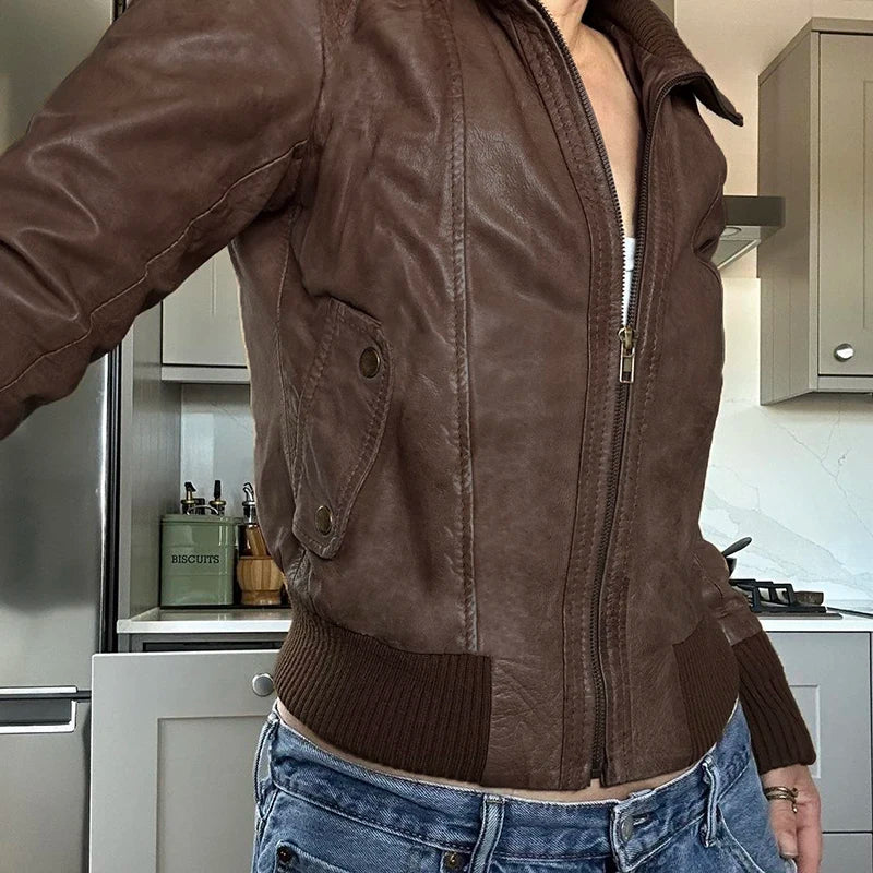 Streetwear Zip Up PU Leather Jacket For Women Motorcycle Style Pockets Brown Autumn Winter Coats Outwear Vintage New