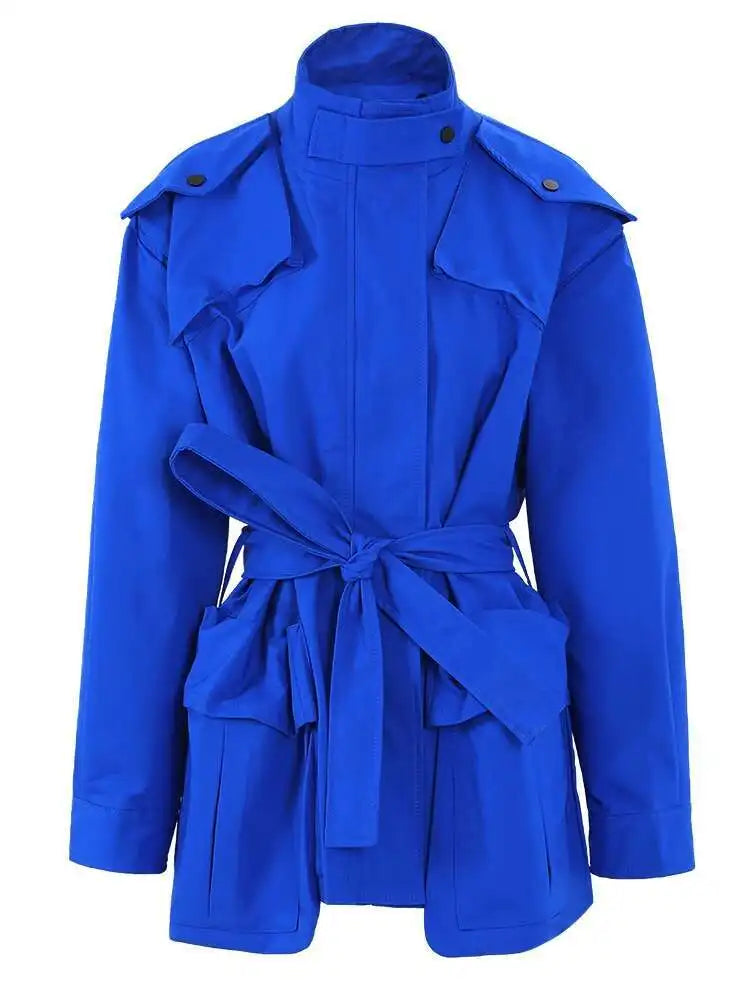 Women Beige Belted Big Size Trench New Stand Collar Long Sleeve Loose Windbreaker Fashion Tide Spring Autumn 2025 CPG0719