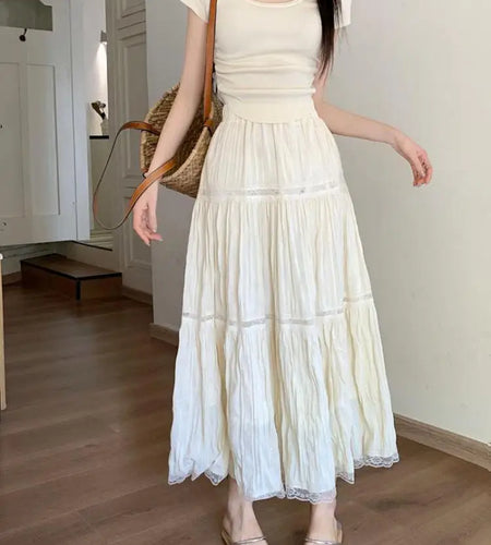 Spring Summer Black Beige Patchwork Lace Temperament Pleated Long Skirts Women White Elegant High Waist Vacation Skirt Popular