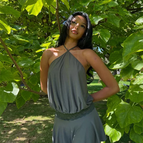 Load image into Gallery viewer, Halter Backless Sexy Mini Dress Women Robe Fashion Summer New Lace Patchwork Sleeveless Pleated Ruffled Club Dress
