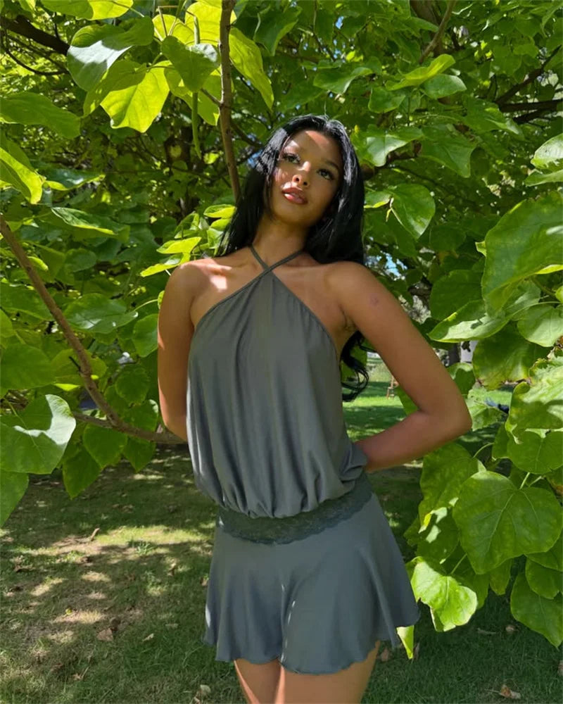 Halter Backless Sexy Mini Dress Women Robe Fashion Summer New Lace Patchwork Sleeveless Pleated Ruffled Club Dress