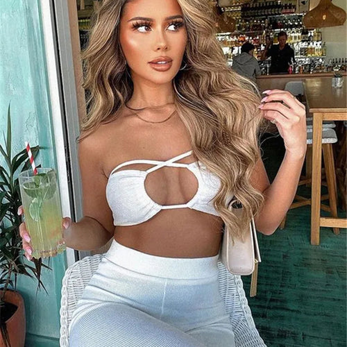 Load image into Gallery viewer, Casual Backless Two Pieces Sets Women Sexy Halter Hollow Out Top Long Flare Pant Suit Party Outfits Strapless Tracksuit
