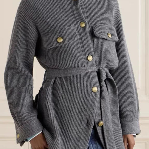 Load image into Gallery viewer, Loose Spliced Buttons Knit Jackets for Women Lapel Long Sleeves Patchwork Lace Up Casual Jacket Female Clothing New
