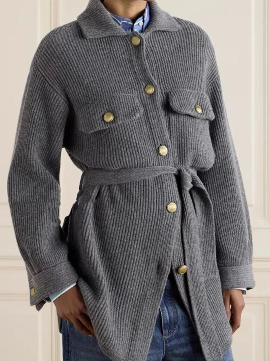 Loose Spliced Buttons Knit Jackets for Women Lapel Long Sleeves Patchwork Lace Up Casual Jacket Female Clothing New