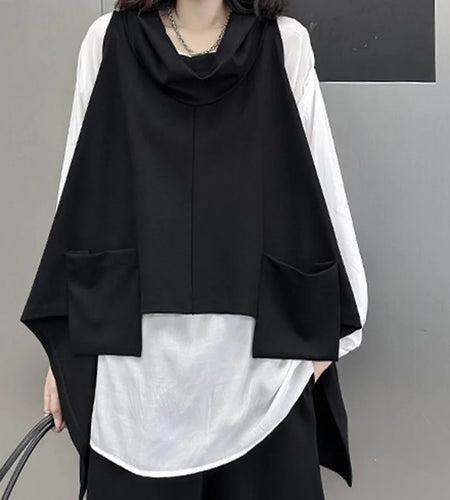 Women Black Irregular Big Size T-shirt New Round Neck Long Sleeve Two Pieces Fashion Tide Spring Autumn 2025 1DF5985