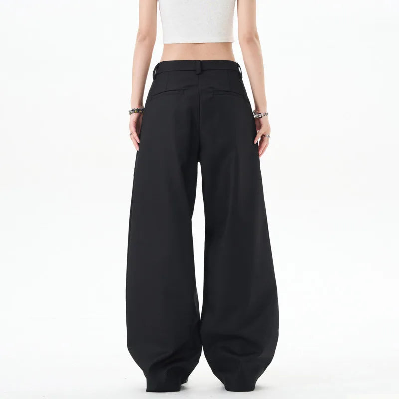 Male Suit Pants Double Pleated Drawstring Design Straight Leg Trousers New Trendy Wide Leg Solid Color Trousers 9W1201