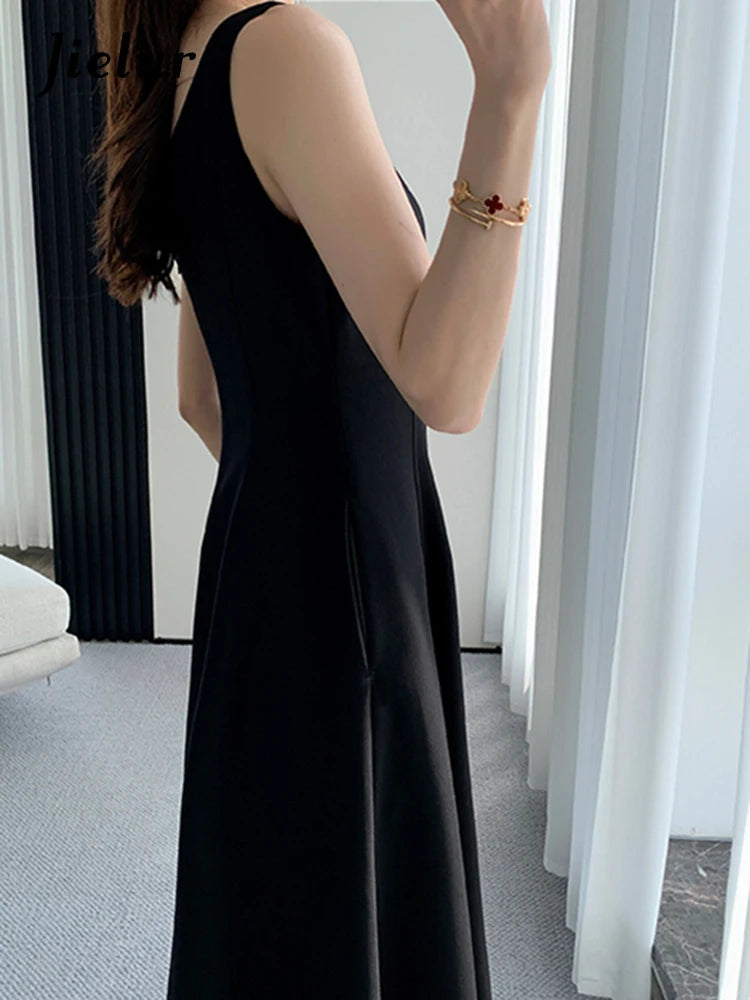 French Style Black Spaghetti Strap Female Dresses Summer Slim Waist Elegant Evening Women's Dresses Birthday Party Dress