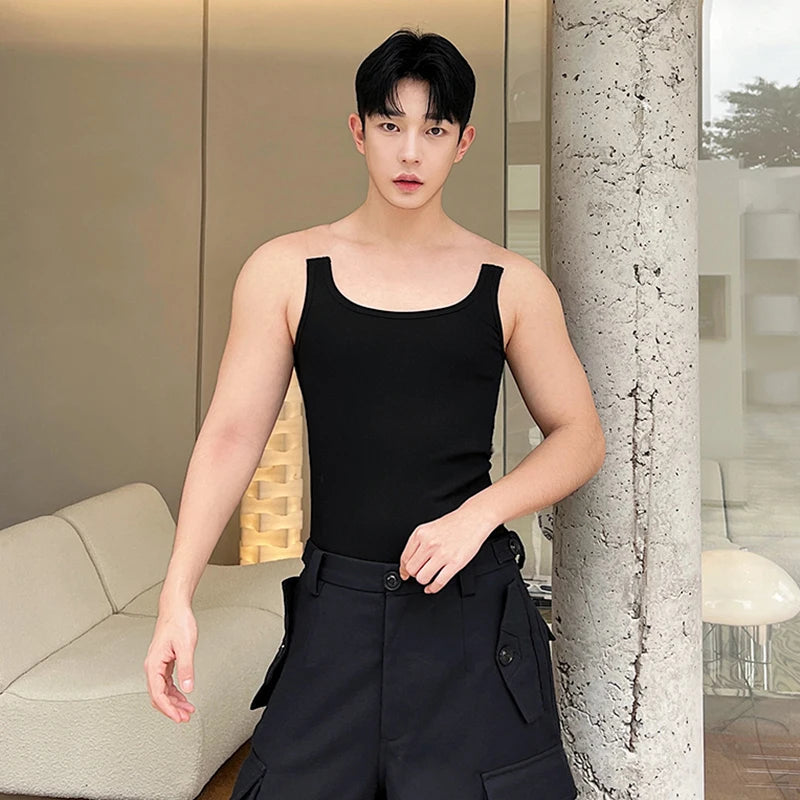 Summer Men's Personality Vests Deconstructed Truncated Invisible Shoulder Strap Trendy Tank Top Male Niche Design Top 9C479