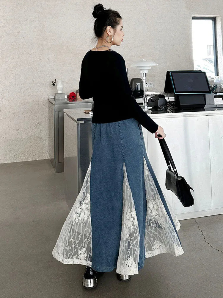 High Elastic Waist Apricot Blue Denim Lace Mermaid Half-body Skirt Women Fashion Tide New Spring Autumn 2025 1DH8648