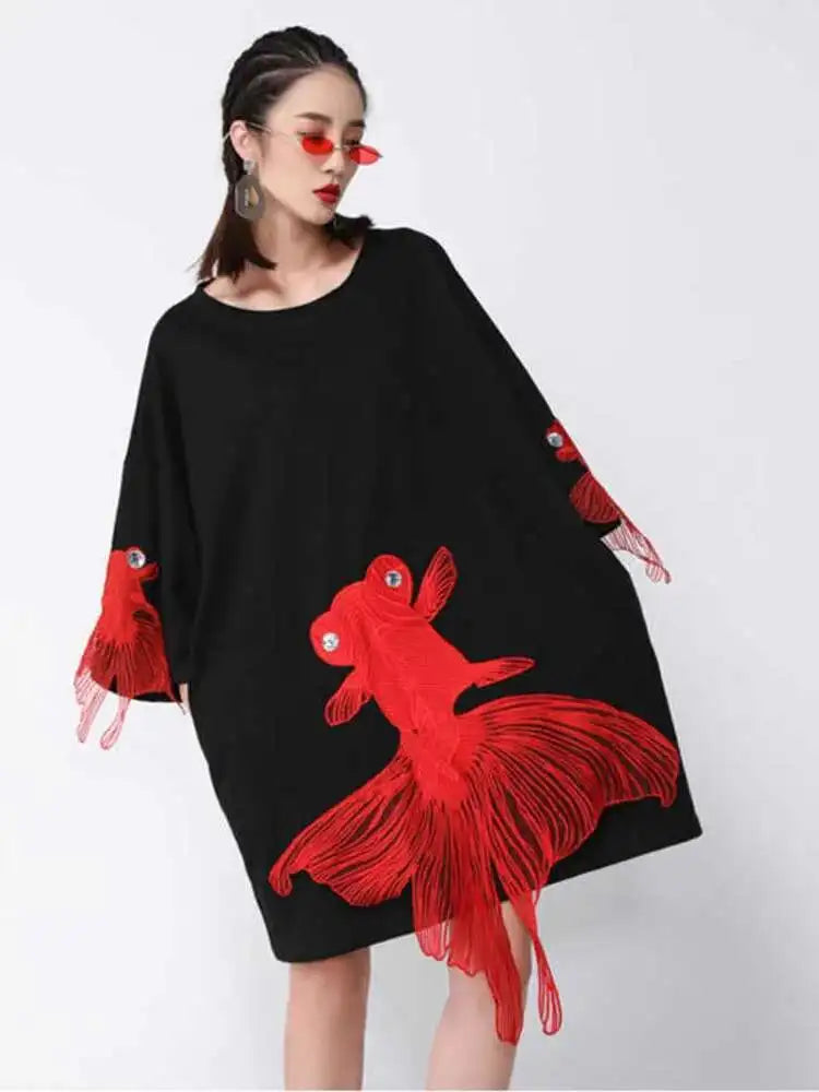 Women Black Fish Embroidery Knee Length Big Size Dress New Round Neck Wrist Sleeve Fashion Tide Spring Autumn 2025 OA868