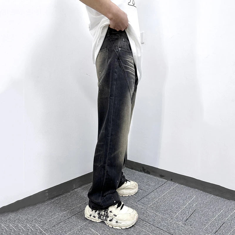 American Style Men's Jeans Splashed Ink Design Straight Leg Trendy Street Fashion Loose Male Denim Pants 9W1863