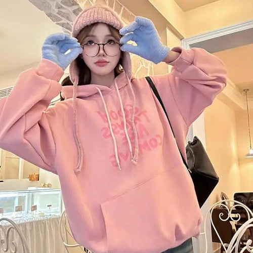 Load image into Gallery viewer, Autumn Winter 2025 Pink Green Letter Printed Elegant Pullover Fashion Short Hooded Sweatshirt Women Grey Long Sleeve Tops Trendy
