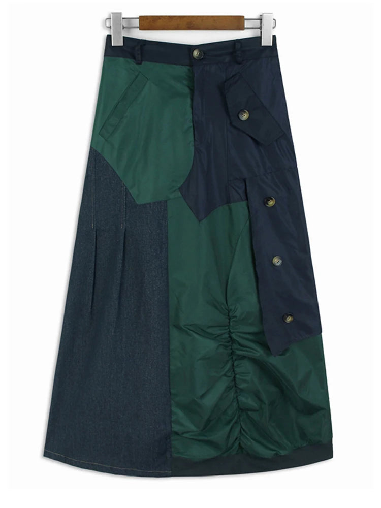 High Elastic Waist Black Green Color-block Long Casual Half-body Skirt Women Fashion Tide New Spring Autumn 2025 1DH8087