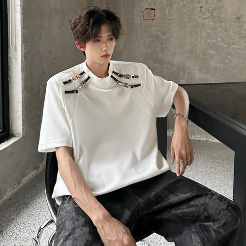 Load image into Gallery viewer, Korean Style Men&#39;s Short Sleeve T-shirts Metal Buckle Splicing Structure Trendy Round Neck Solid Color Male Tees 9W1911
