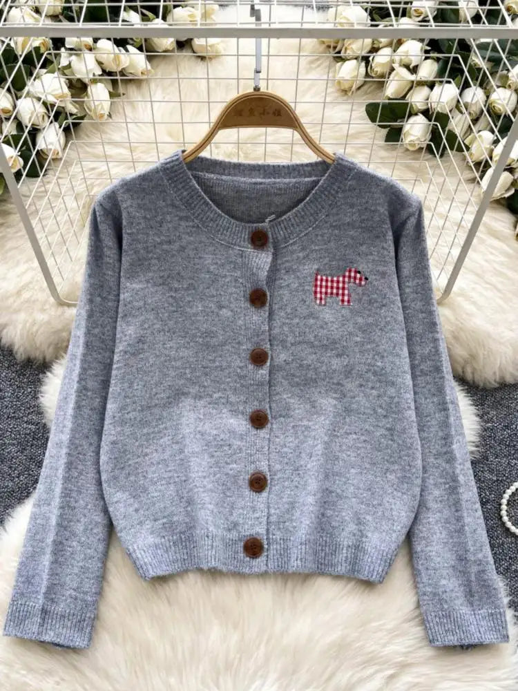 Women Ladies Fashion Embroidery Cardigans Tops Spring Autumn Y2k Vintage Round Neck Single Breasted Short Knitted Sweater Street