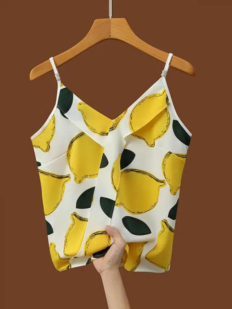 Korean Women Yellow Blue Red Print Stripe V-neck Tank Tops Summer Sleeveless Versatile Backless Short Vest Clothing Fashion Boho