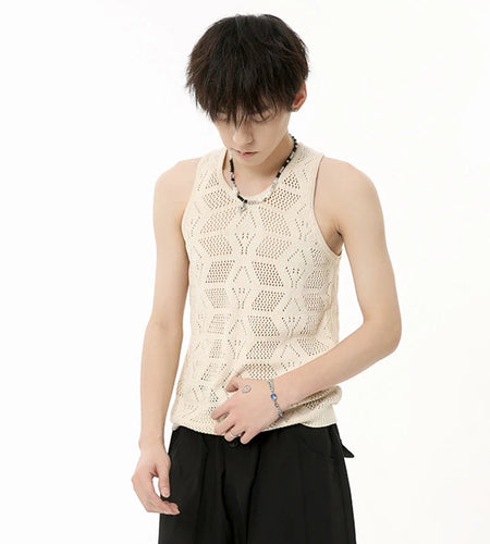 Fashion Men's Tank Tops Hollow Out Kintting T-shirt O-neck Sleeveless Casual Tee Solid Color Summer Korean Style 9C6577