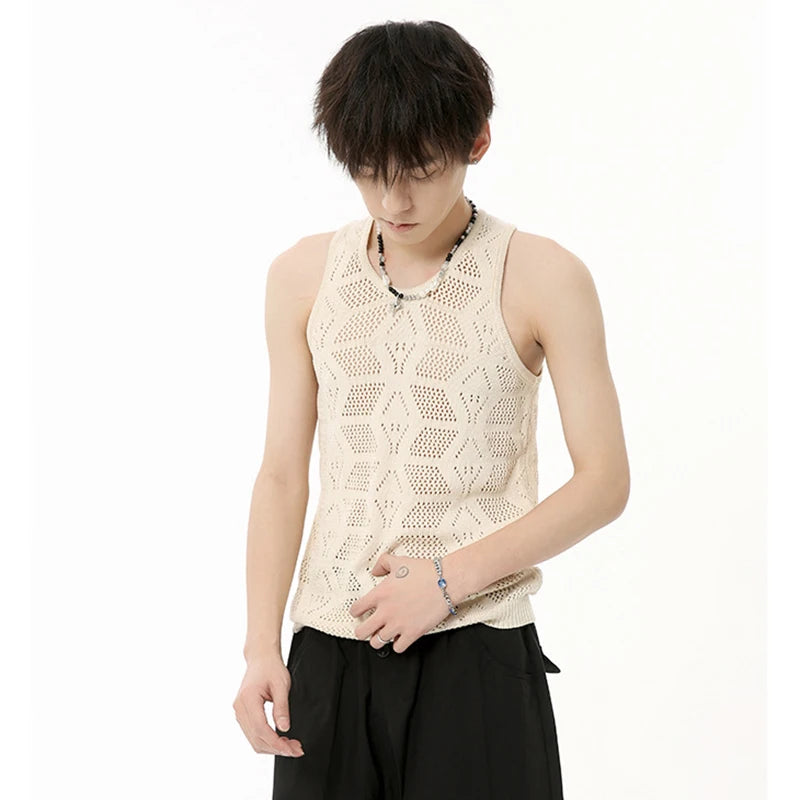 Fashion Men's Tank Tops Hollow Out Kintting T-shirt O-neck Sleeveless Casual Tee Solid Color Summer Korean Style 9C6577