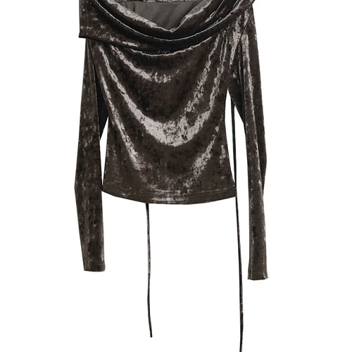 Load image into Gallery viewer, Women Dark Green Velvet Elegant T-shirt New Asymmetrical Collar Long Sleeve Fashion Tide Spring Autumn 2025 1DJ1732
