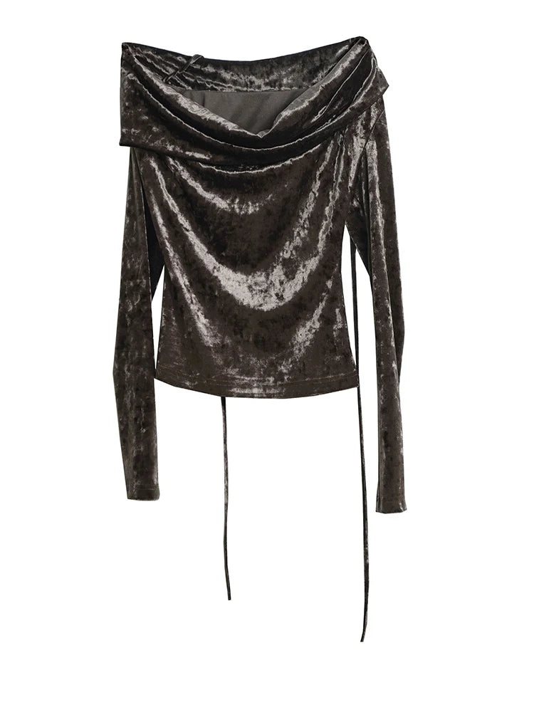 Women Dark Green Velvet Elegant T-shirt New Asymmetrical Collar Long Sleeve Fashion Tide Spring Autumn 2025 1DJ1732