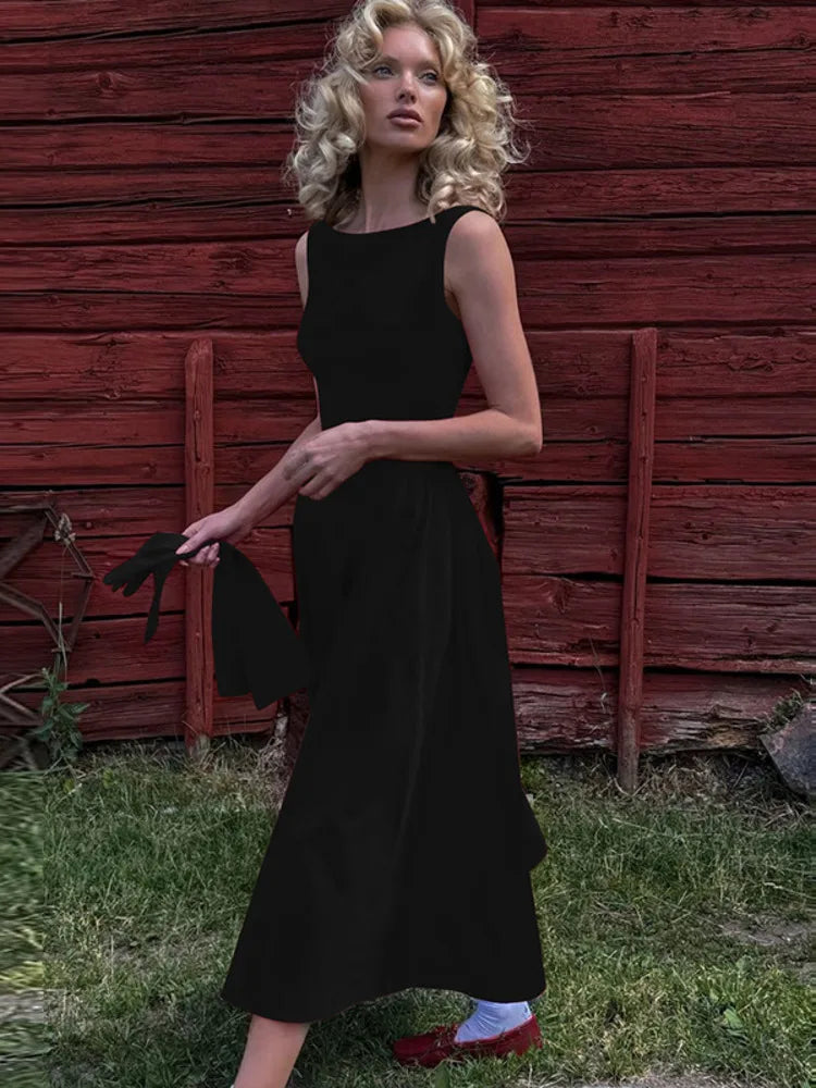 Backless A-line Maxi Dress For Women Fashion Solid O Neck Sleeveless Long Dress Ladies Gown High Waist Tank Dresses