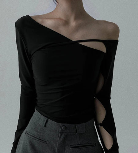 y2k Crop Tops for Women Sexy Clothes Solid Color Oblique Neck Hollowed Long Sleeve T Shirts 2000s Clothing Streetwear