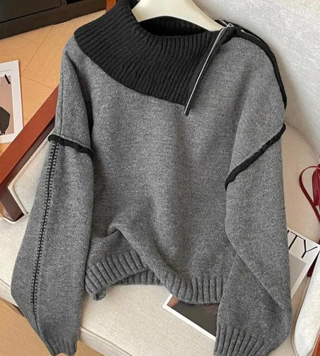 Korean Fashion Autumn Winter Grey Patchwork Elegant Long Sleeves Knit Sweater Women's Half Zipper Pullover Short Tops Streetwear